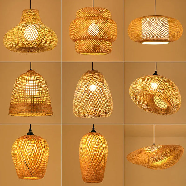 LED Handmade Rattan Chandelier Round Straw Hat Bamboo lampshane