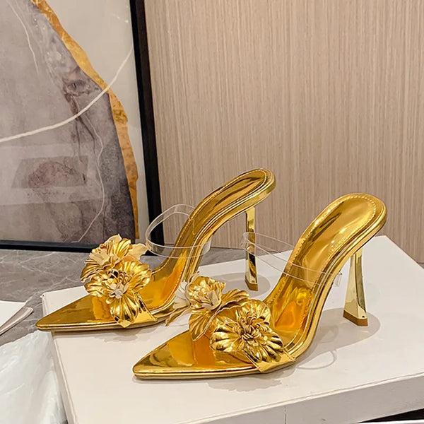 New Design Leather Flowers Pointed Toe Thin High Heels Modern Slippers Women Sandals