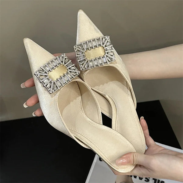 Pointed Toe Crystal Buckle Slippers Women Fashion Thin Heels Casual Party Mules Shoes