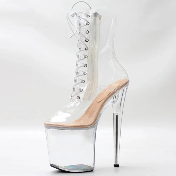Botas de baile en barra con tacón alto de 20 cm y plataforma de PVC transparente para mujer