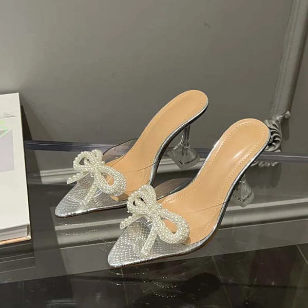 Fashion String Bead Bowknot Slippers Women Pointed Toe Strange Heels