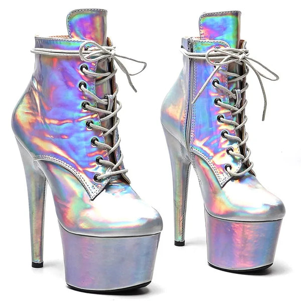 Botas modernas de fiesta con tacón alto y plataforma de 17 cm/7 pulgadas y parte superior de charol