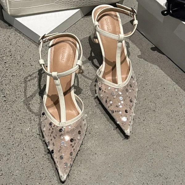 Bling Sexy Design Pointed Toe High Heels Ladies T-Stra Ankle Strap Pumps