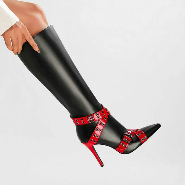 Women Pointed Toe Thin High Heel Ladies Calf Boots PU Leather Mixed Color Side Zipper Dress Boots