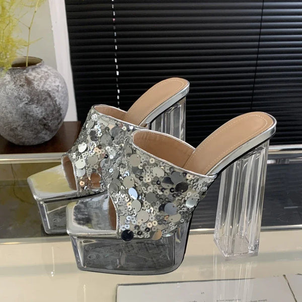 Pantuflas de lentejuelas para mujer, zapatos de plataforma con punta cuadrada para verano
