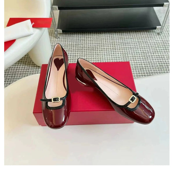 patent leather colorblock, low heeled Mary Jane shoes