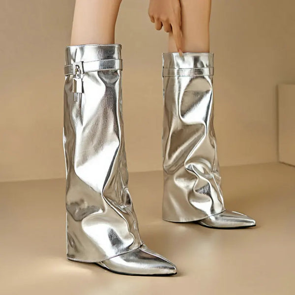 Knee High Boots Wedges High Heel Pointed Toe Ladies Calf Boots