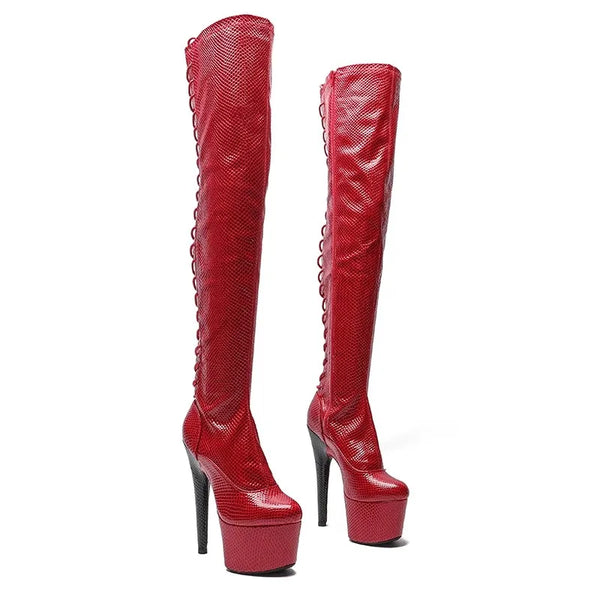 Botas altas de fiesta con plataforma de 17 cm/7 pulgadas y parte superior de PU roja para mujer