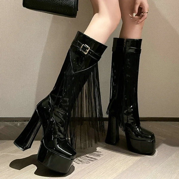 Women Knee High Boots Platform Square High Heel Ladies Calf Boots