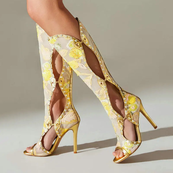 Summer Women Knee High Boots Peep Toe Thin High Heel Ladies Calf Boots
