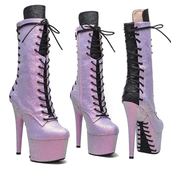Botas modernas de tacón alto con plataforma para mujer, parte superior de PU, 17 cm/7 pulgadas, para fiesta