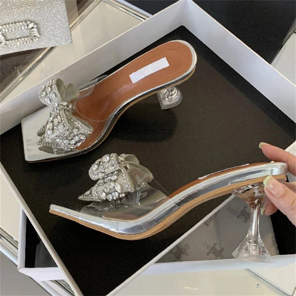 Zapatillas de verano de PVC transparente con nudo de mariposa para mujer, zapatos de tacón alto para banquetes