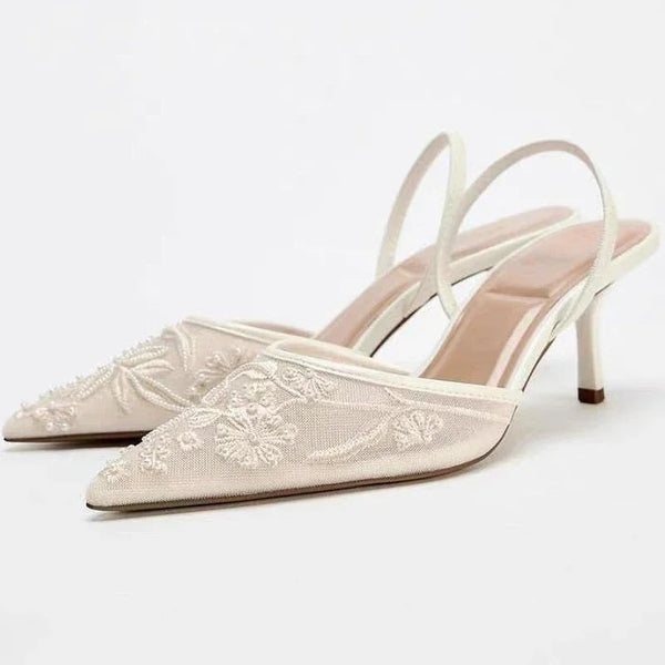 Mesh Embroidered Flowers Thin Heels Sandals Women