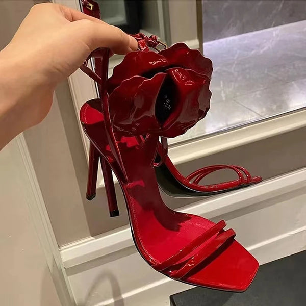 Summer New Style One Word Strap Internet Red Rose Blossoms Fine Heel Sandals