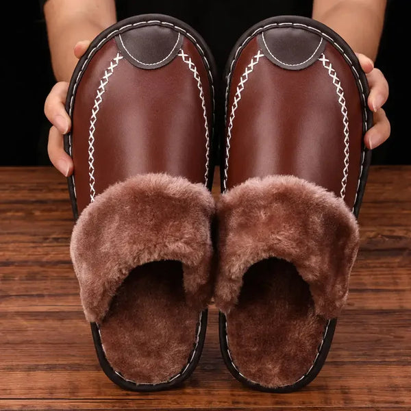 Waterproof Leather Slippers Men Cotton Shoes Home Slippers