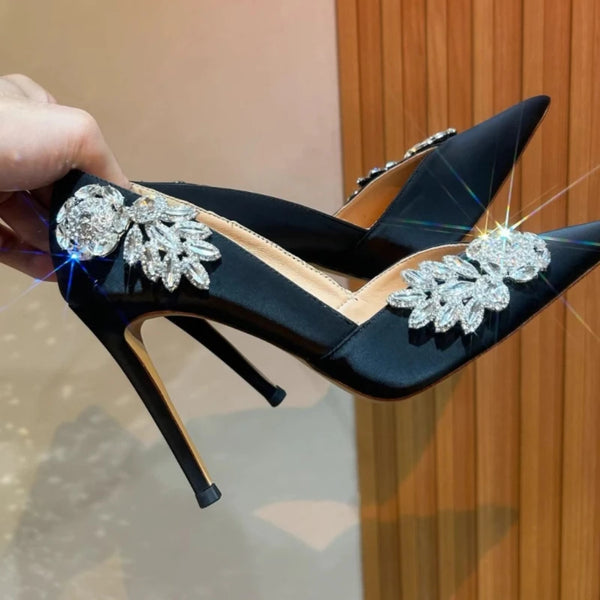 new style French flower rhinestone V-neck slim heel banquet wedding shoes pointed single shoes