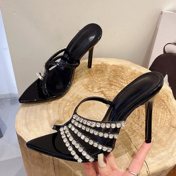 New Style Hollow Out Crystal Narrow Band Women Slippers Sandals