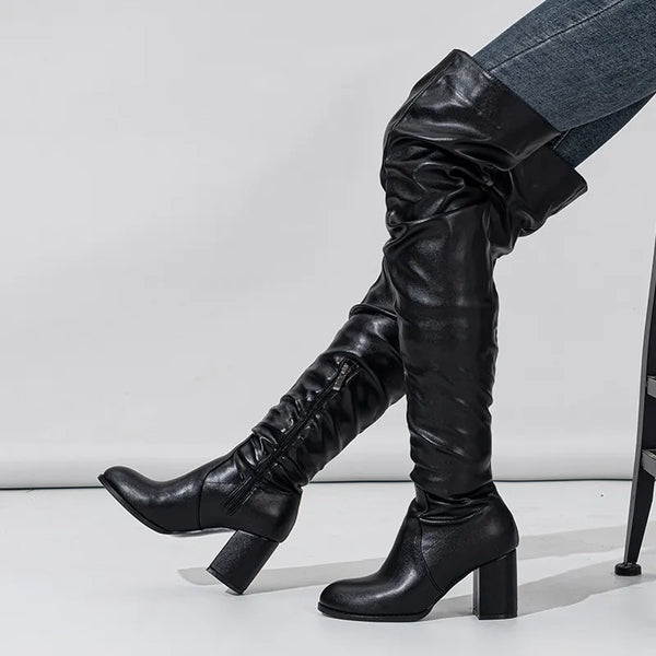Fashion Zip Round High Quality Soft Cozy Pleated Leather Women Over The Knee Boots