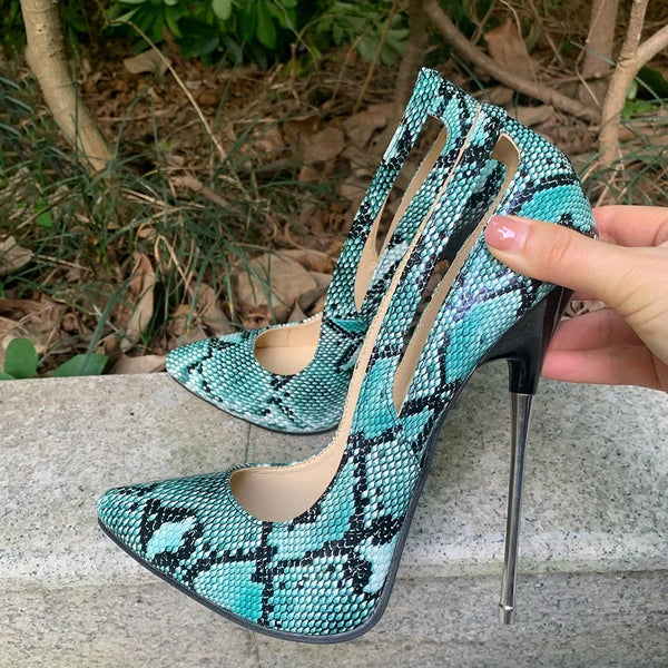 16cm Extreme Metal High Heels Stilettos Green Snake Print Sexy SM Pumps