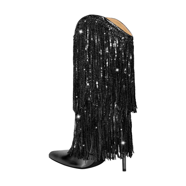 Botas de mujer con punta puntiaguda y flecos de lentejuelas, botines de moda para mujer de talla grande