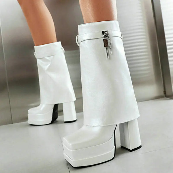 Women Mid Calf Boots Platform Thick High Heel Ladies Short Boots