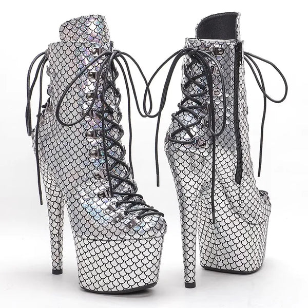 Botas modernas de tacón alto para fiesta con plataforma de 17 cm/7 pulgadas y parte superior de PU plateada para mujer