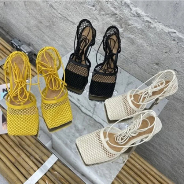 Fashion Sandals, Mesh Breathable Square Head Lace-up Women's Shoes