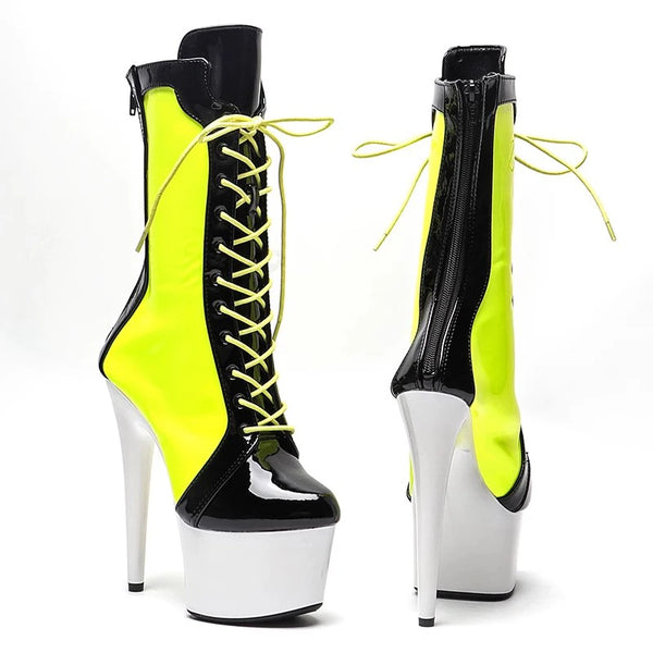 Botas modernas de tacón alto con plataforma para fiesta, de PU, de 17 cm/7 pulgadas, para mujer