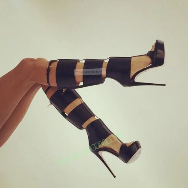 Cut Outs Hollow Sandals Knee High Solid Leather Open Toe Platform Stiletto Heels