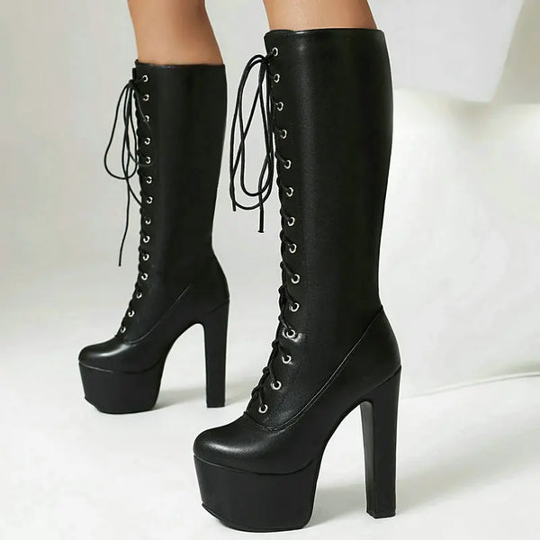 Women Knee High Boots Platform Square High Heel Ladies Calf Boots