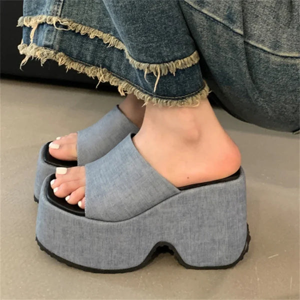 New Street Style Design Denim Square Toe Platform Wedges Women Slippers