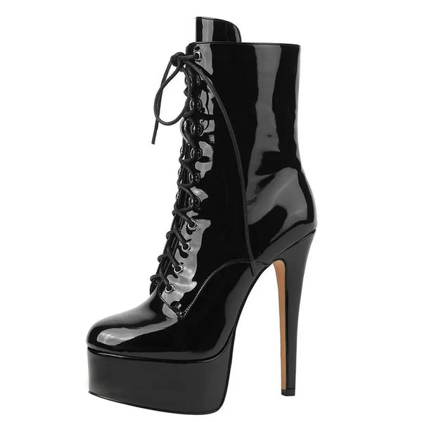Ankle Boots Platform Thin High Heel Ladies Short Boots PU Leather Round Toe Cross Tied Zipper Boots