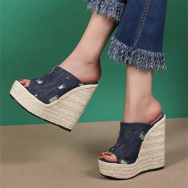 Summer Blue Denim Women Wedge Heels