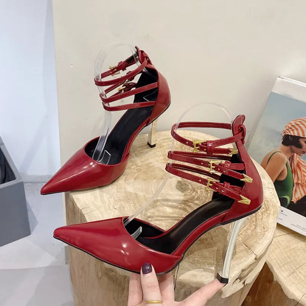 Zapatos de fiesta de graduación para mujer con tacones altos negros y rojos de punta puntiaguda sexys
