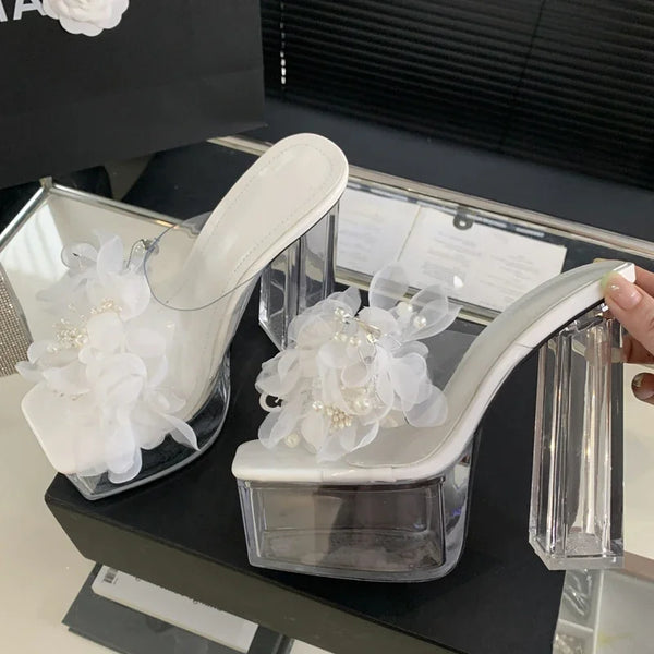 Zapatillas de mujer de PVC transparente con flores y plataforma de verano con punta cuadrada y tacones altos de cristal