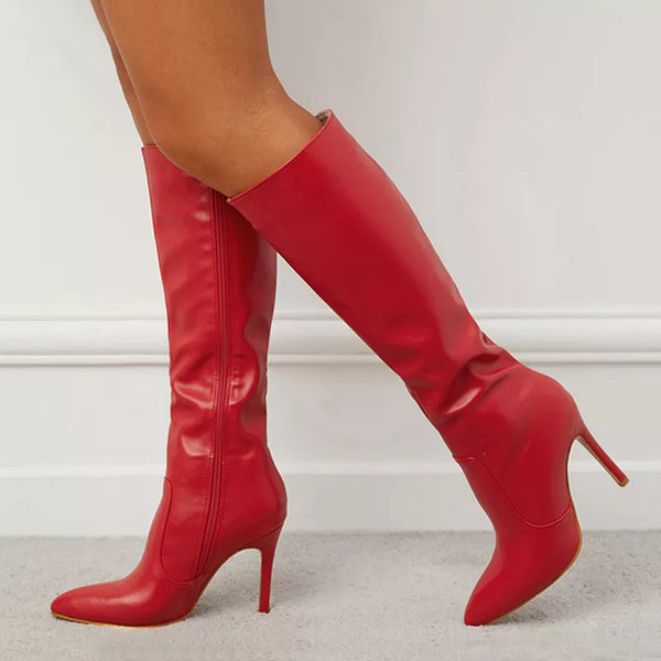 NEW Spring Red Leather Long Boots Women Fashion Design Pointed Toe Zip Thin High Heels