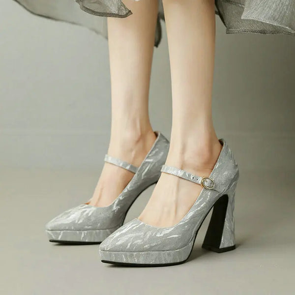Spring Autumn Women High Heel Shoes Platform Square High Heel Ladies Pumps PU Leather Pointed Toe Buckle Party  Shoe