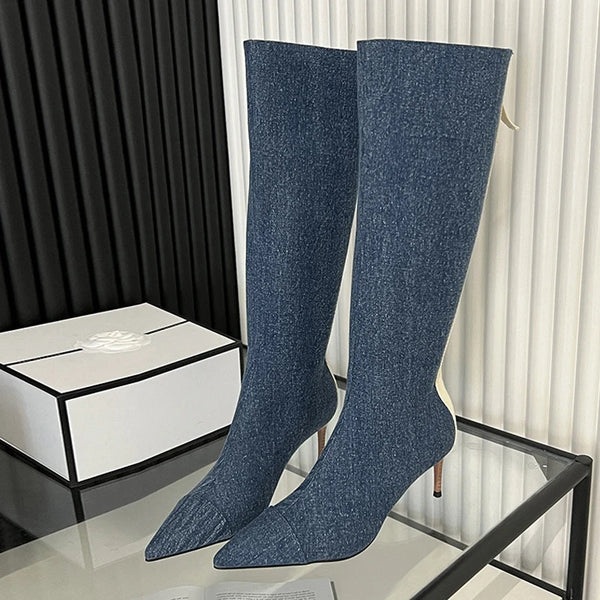Blue Denim Stiletto Women Knee High Boots