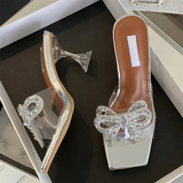 Summer PVC Transparent Bowknot Women Slippers Square Toe Sandals