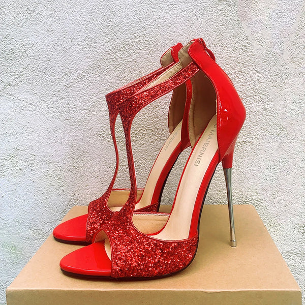 16cm Thin High Heels Bling Bling Sandals Sexy Red Pumps