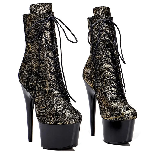 Botas modernas de tacón alto con plataforma para fiesta, de piel auténtica negra, de 17 cm/7 pulgadas, para mujer