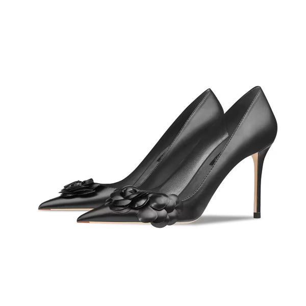 Real leather black camellia high heels for women