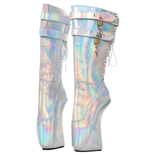Ballet Boots 18CM High Hoof Heel Lockable Holographic Back Lace-up Women Knee-high Boots
