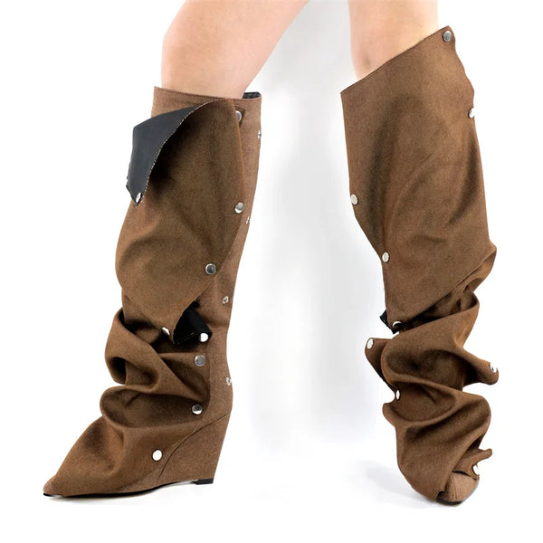 Pointed Toe Pleated Wedges Knee High Boots  Fashion Black Matte Buttons Boots