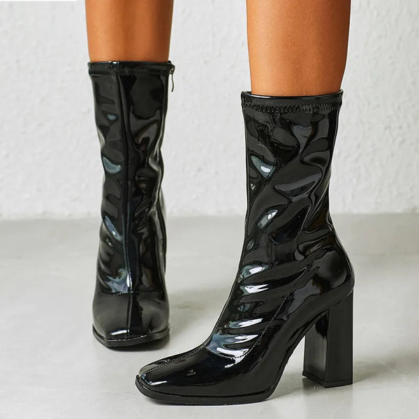 Autumn Winter Black Patent Leather Boots For Women Fashion Square Toe Zip High Heels