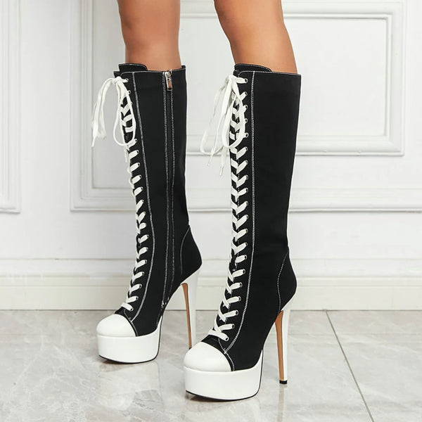Women Knee High Boots Platform Thin High Heel Ladies Calf Boots