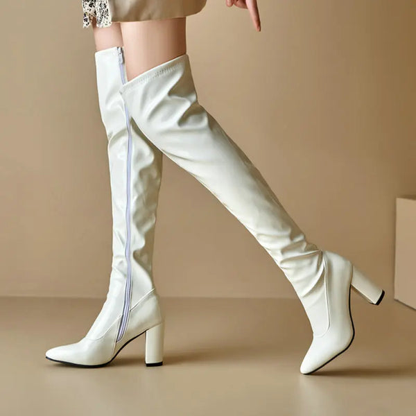 Square High Heel Ladies Long Boots PU Leather Side Zipper Party Women Boots Big Size