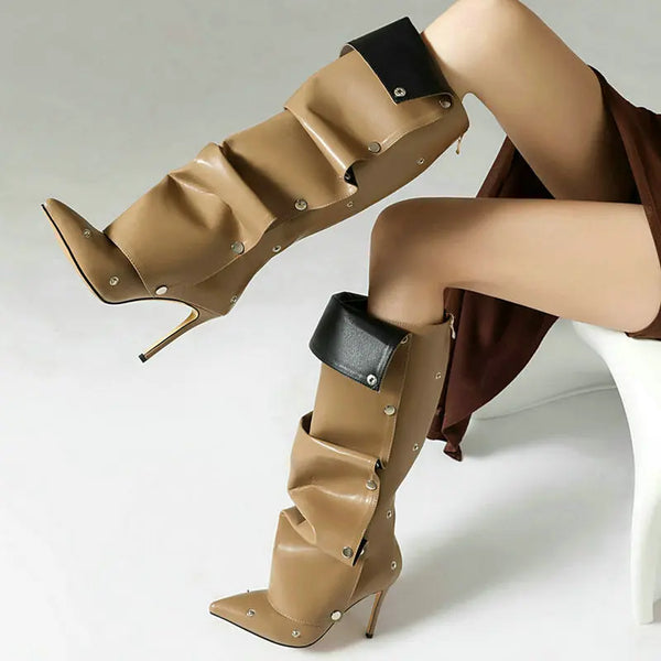 Women Knee High Boots Thin High Heel Pointed Toe Ladies Calf Boots