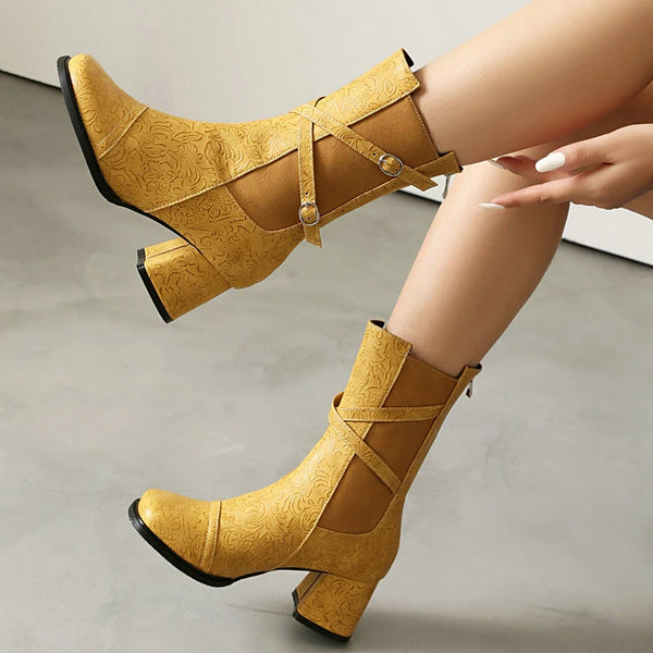 Women Ankle Boots Thick Heel Square Toe Ladies Short Boots