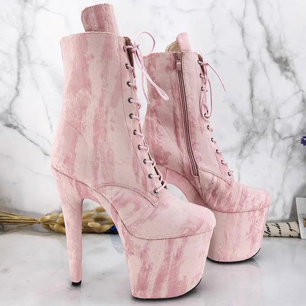 Botas modernas de tacón alto con plataforma para mujer, de 17 cm/7 pulgadas, con parte superior de PU